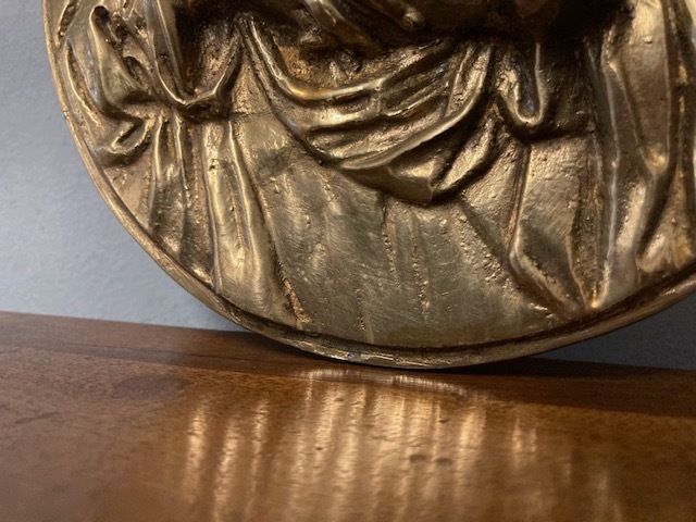 Art Ancient Bronze Depicting A Virgin With Child. Oval High Relief 19th Century photo