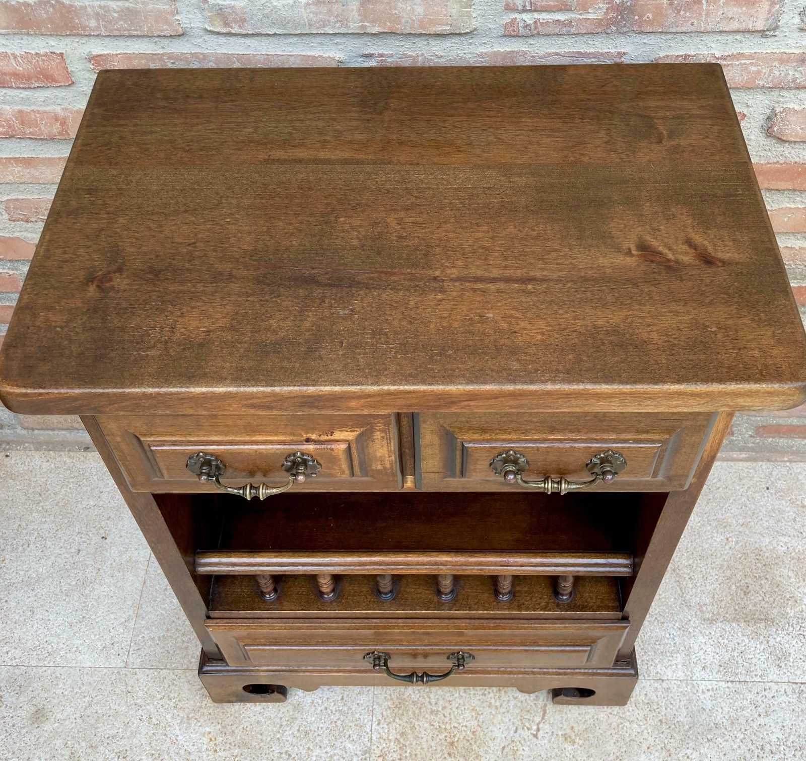 20th Spanish Nightstands With Three Drawers One Shelf And Bronze Hardware 1970s, photo vintage