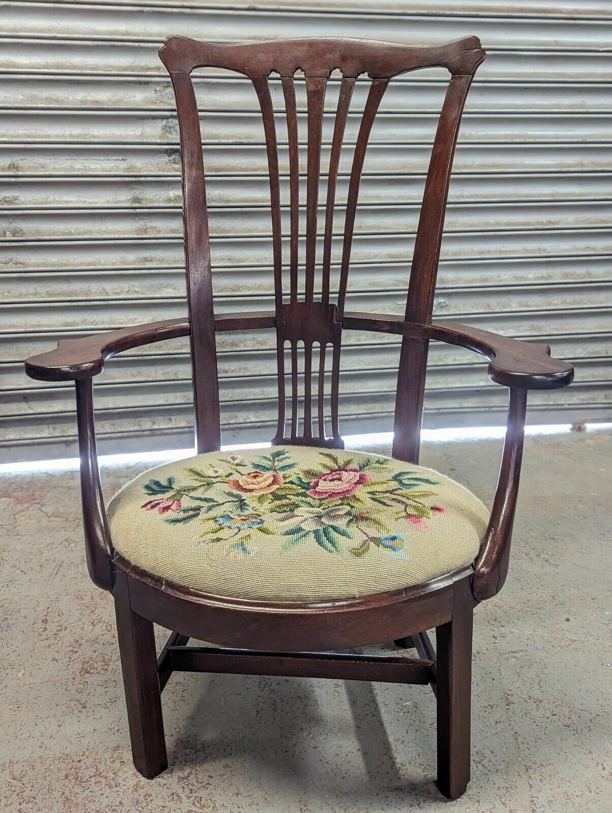 George III Mahogany Splat Back Armchair With Woolwork Seat