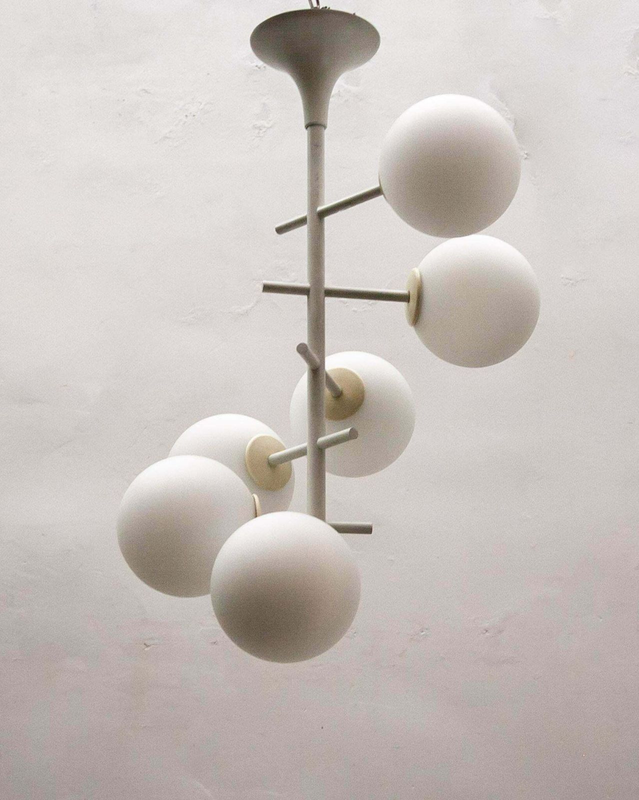 Large Kaiser Sputnik White Opal Glass Globes Chandelier, Germany, 1960s photo Lighting