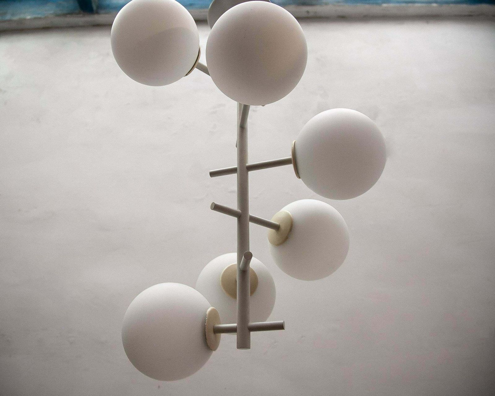 Large Kaiser Sputnik White Opal Glass Globes Chandelier, Germany, 1960s photo buy