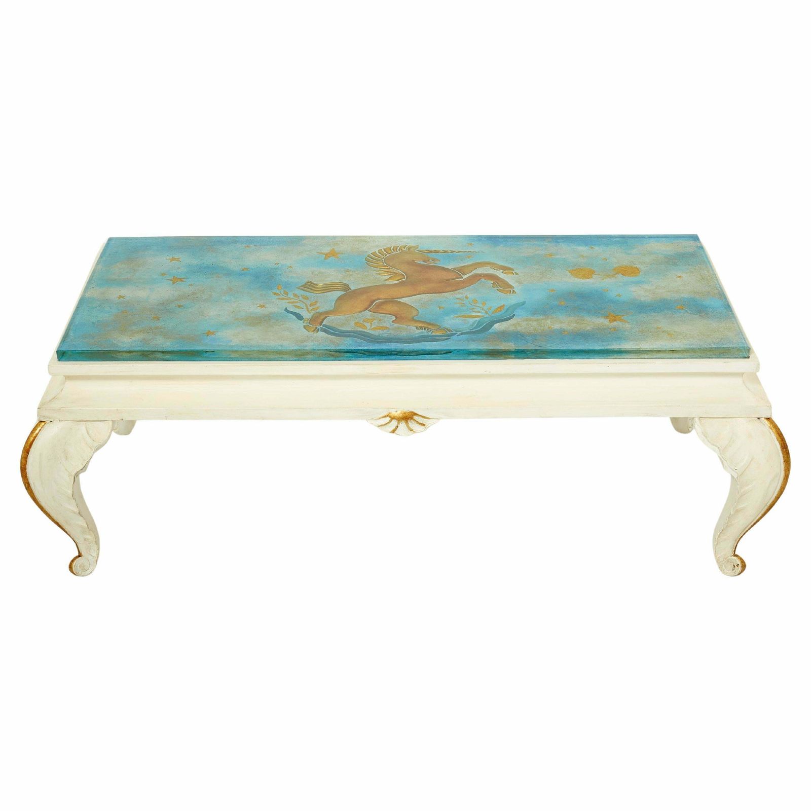 Table basse Maison Jansen en bois doré, plateau en verre peint, 1950