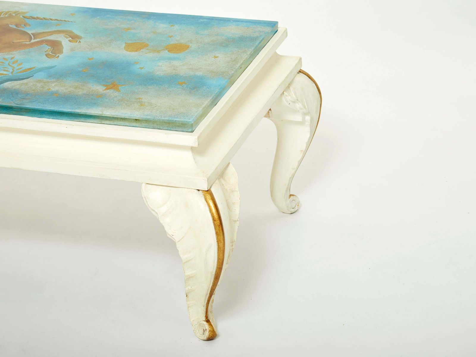 Table basse Maison Jansen en bois doré, plateau en verre peint, 1950 photo vinterior