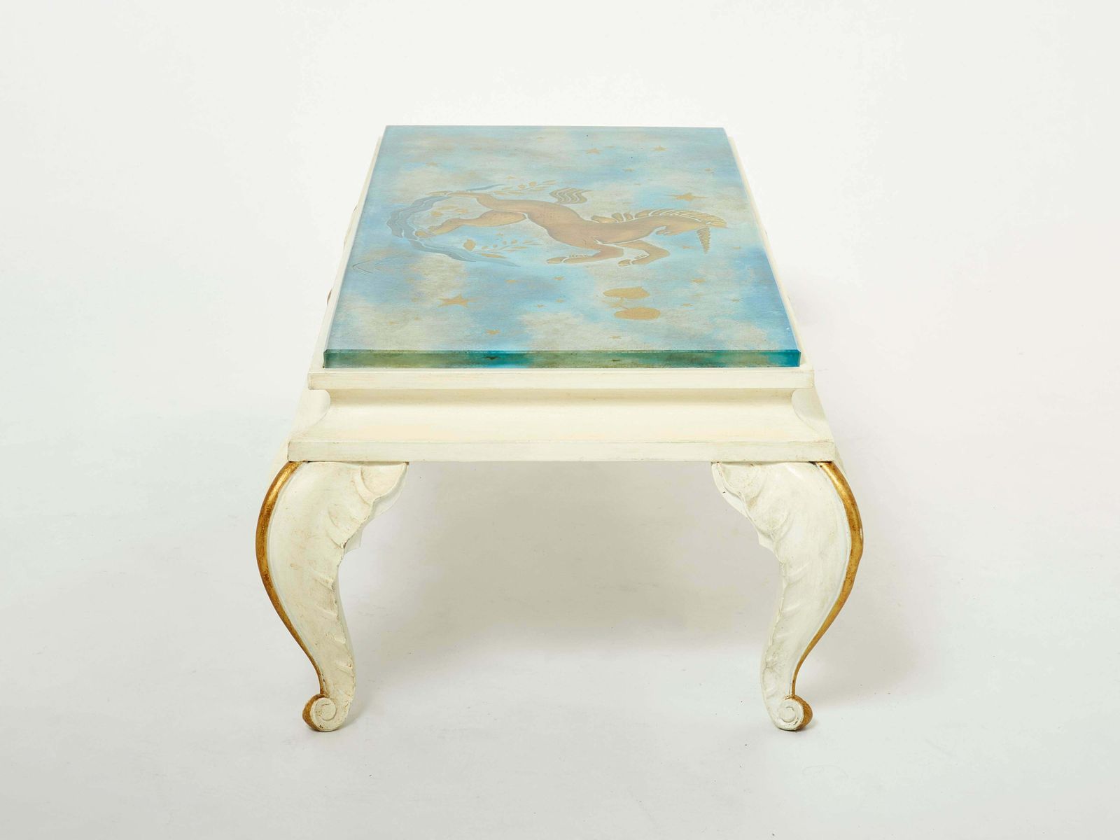 Table basse Maison Jansen en bois doré, plateau en verre peint, 1950 photo vintage