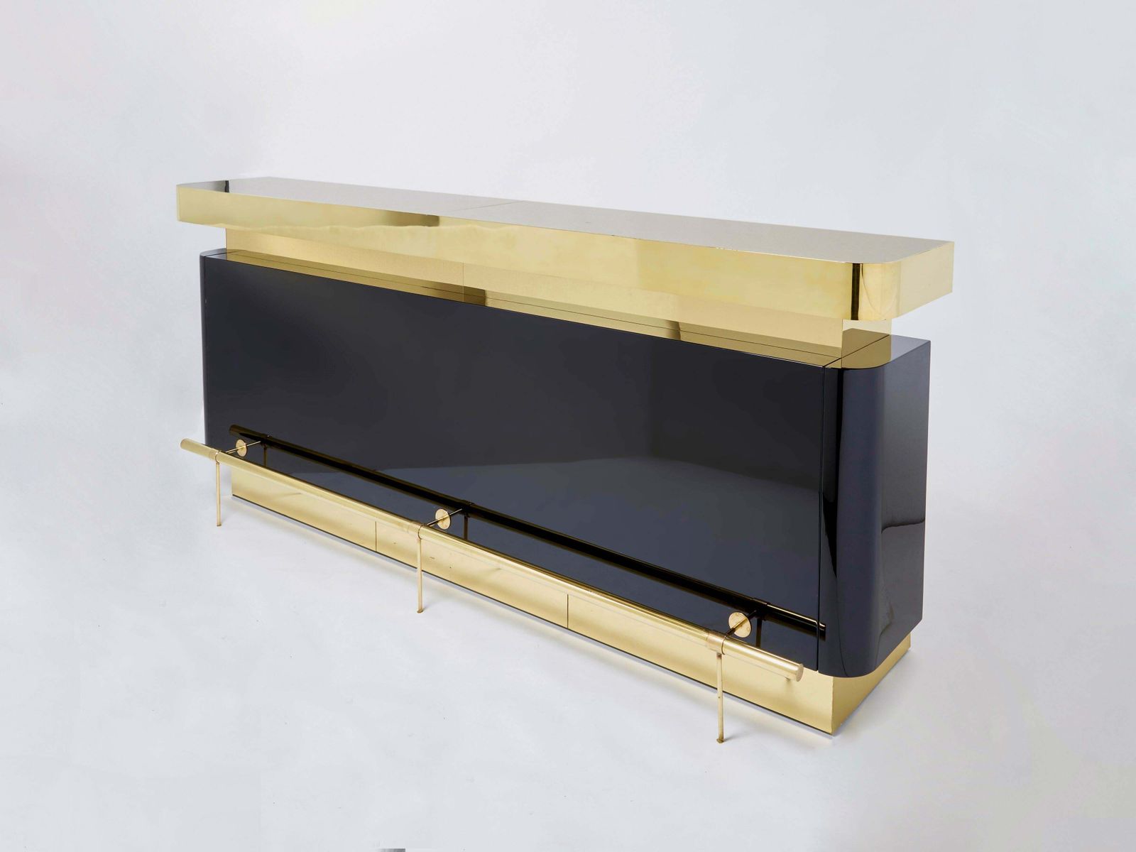 Unique J.C. Mahey Black Lacquered Brass Bar Cabinet Counter 1970s photo for sale