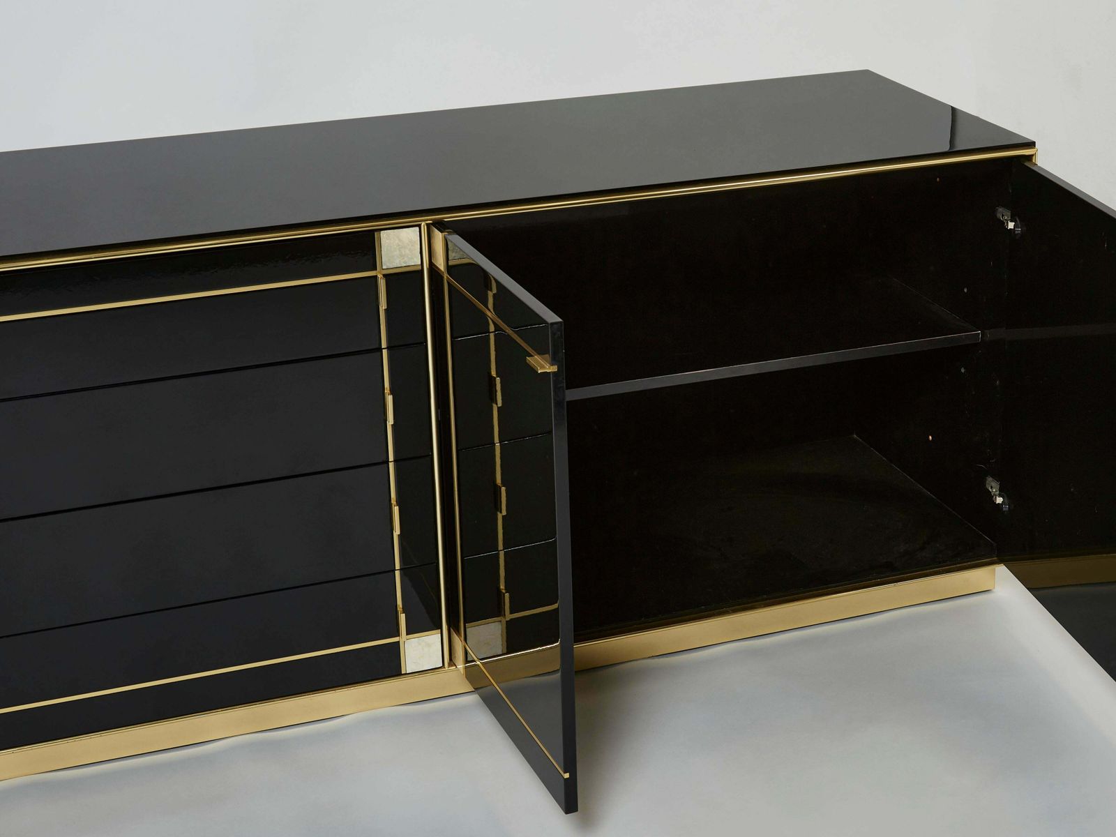 photo furniture Pierre Cardin Sideboard Brass Black Lacquered Shell Inlays, 1980s