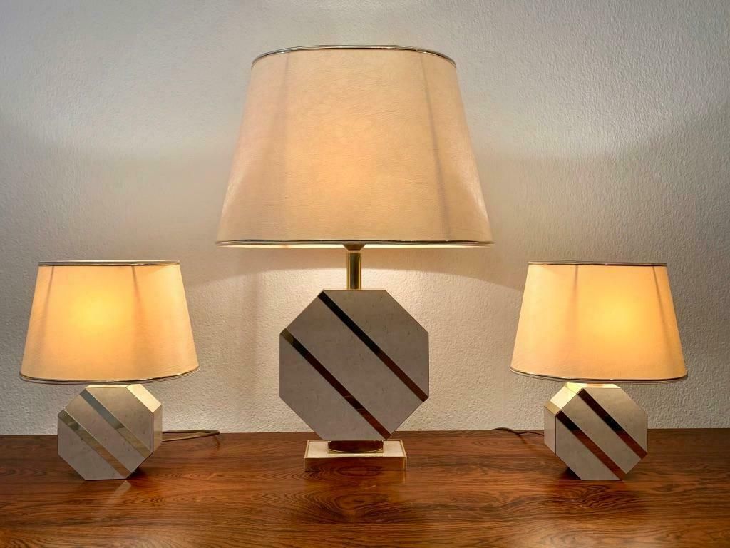 Set Of 3 Brass & Lacquered Wood Octogonal Base Table Lamps, Ca. 1970s photo vinterior