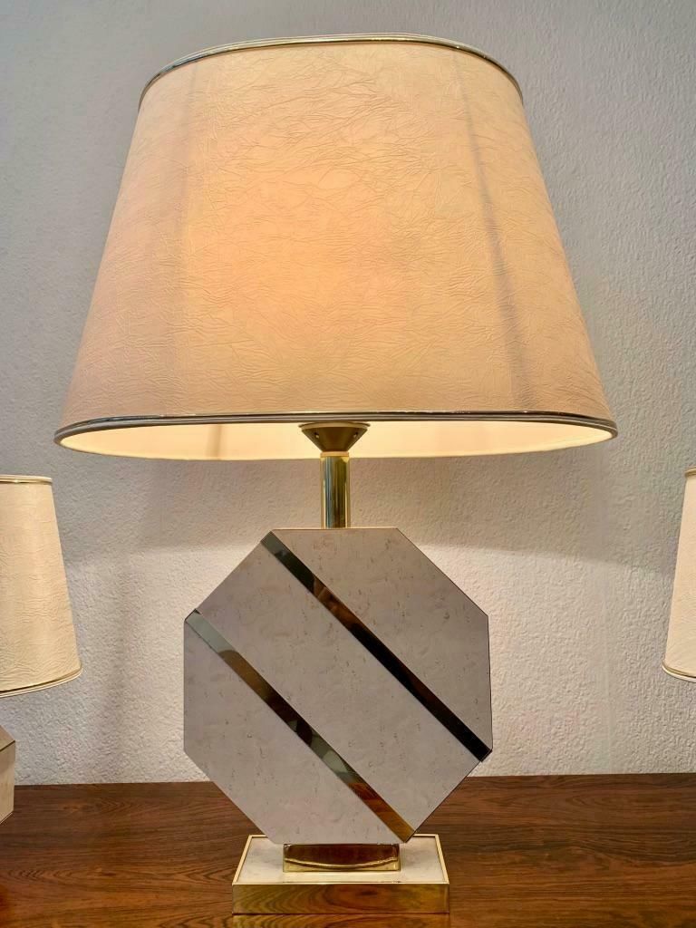 Set Of 3 Brass & Lacquered Wood Octogonal Base Table Lamps, Ca. 1970s photo vintage