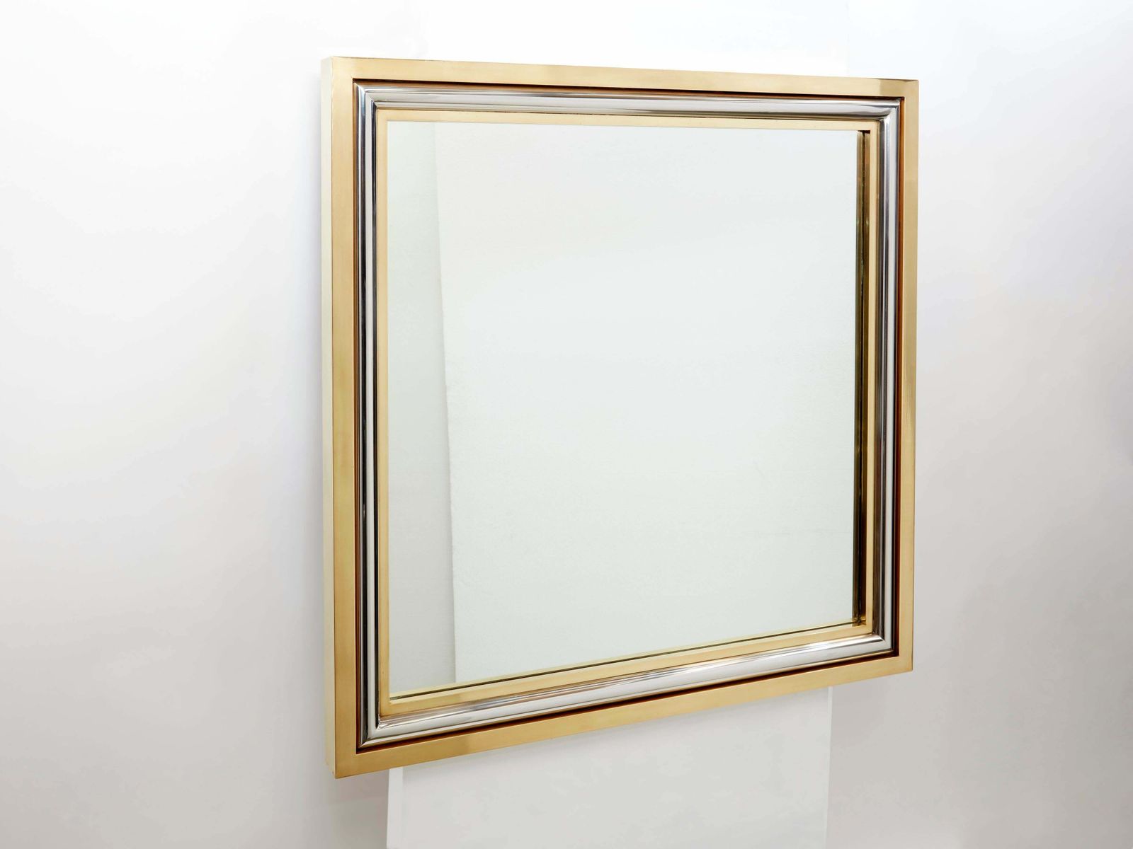 photo furniture Romeo Rega For Metalarte Large Brass Chrome Square Mirror 1970s