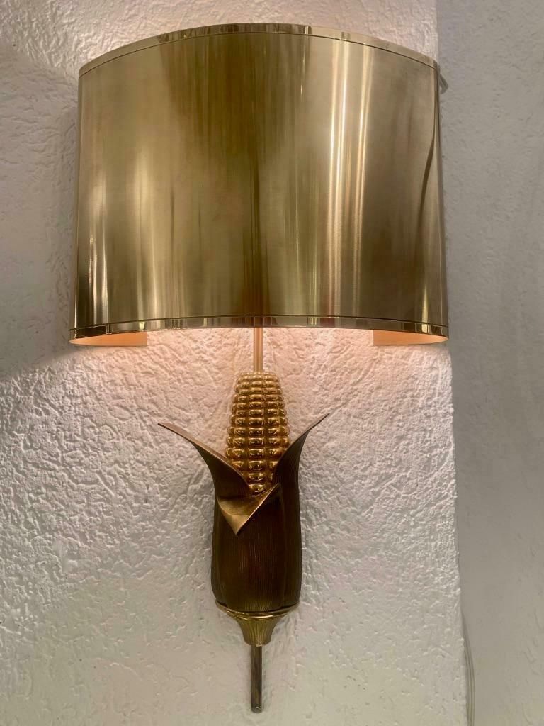 Signed Maison Charles Pair Of Bronze & Brass "Corn" Wall Lamps, France, 1970s photo Lighting