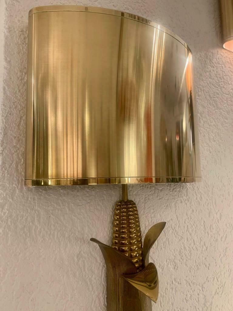 Signed Maison Charles Pair Of Bronze & Brass "Corn" Wall Lamps, France, 1970s photo vintage