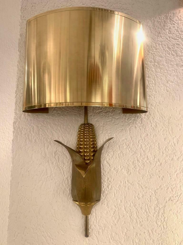 photo for sale Signed Maison Charles Pair Of Bronze & Brass "Corn" Wall Lamps, France, 1970s