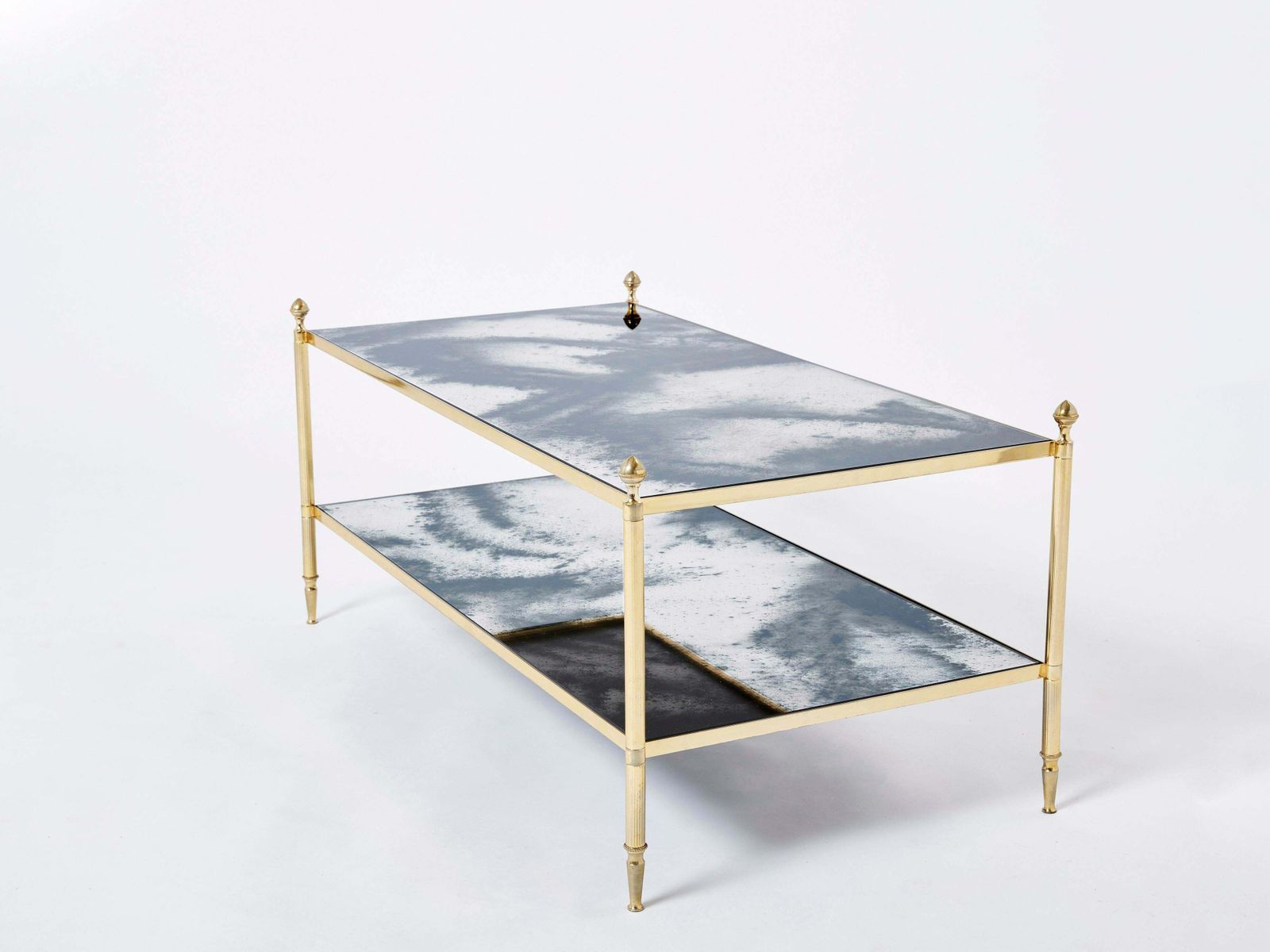 Table basse Maison Jansen en laiton, chrome et miroir, deux niveaux, années 1970 photo vintage