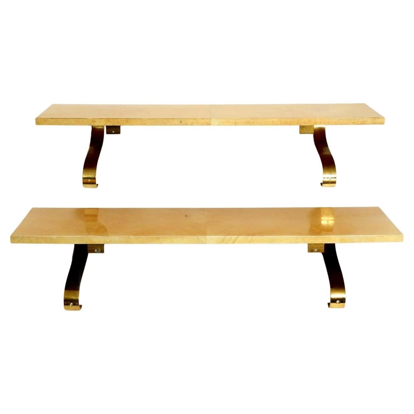 Two Beautiful, Very Rare 1960s Large Aldo Tura Shelves Made Of Wood And Goatskin