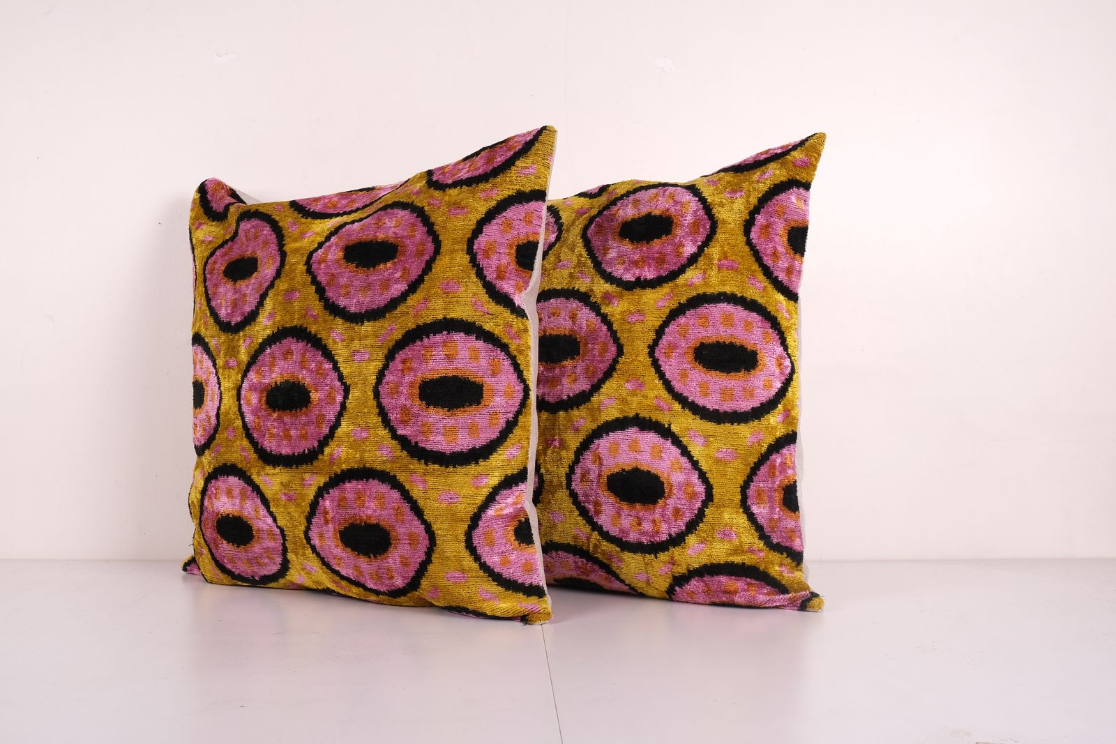 Silk Ikat Velvet Bronze Pillow Cover, Matching Pink Ikat Pillowcase, Set Uzbek Pink Designer Throw Pillow 24'' X 24'' photo Textiles