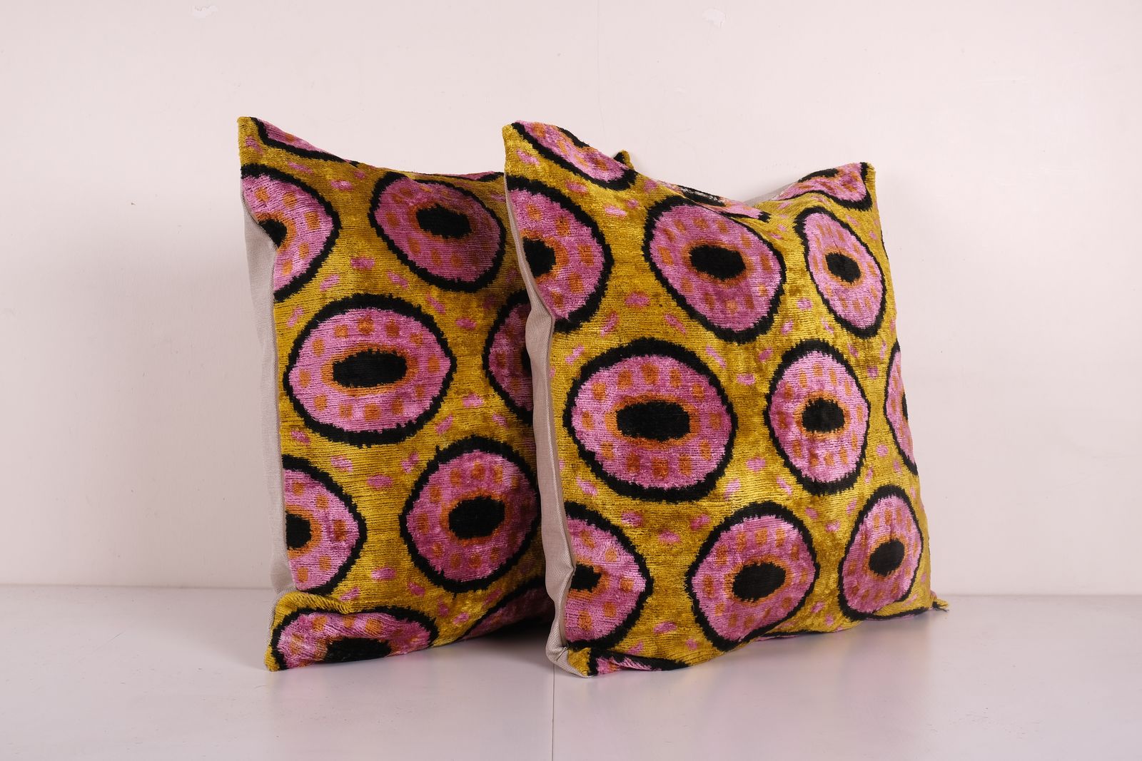 Silk Ikat Velvet Bronze Pillow Cover, Matching Pink Ikat Pillowcase, Set Uzbek Pink Designer Throw Pillow 24'' X 24'' photo 150.0