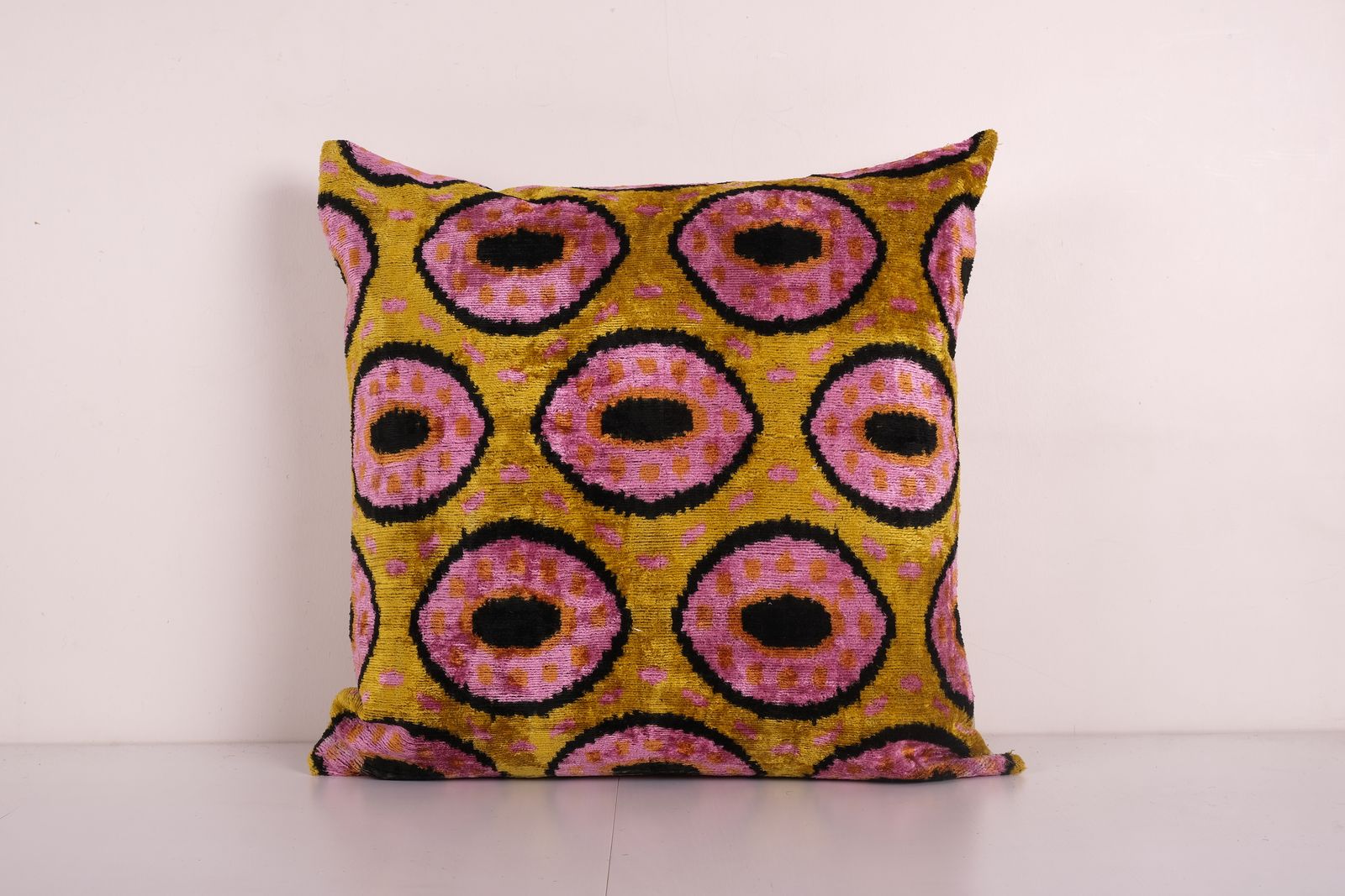 Square Bronze Ikat Velvet Pillow, Silk Ikat Cushion Cover, Pink Ikat Pillowcase, Unusual Design Uzbek Tribal Pillow 24'' X 24''