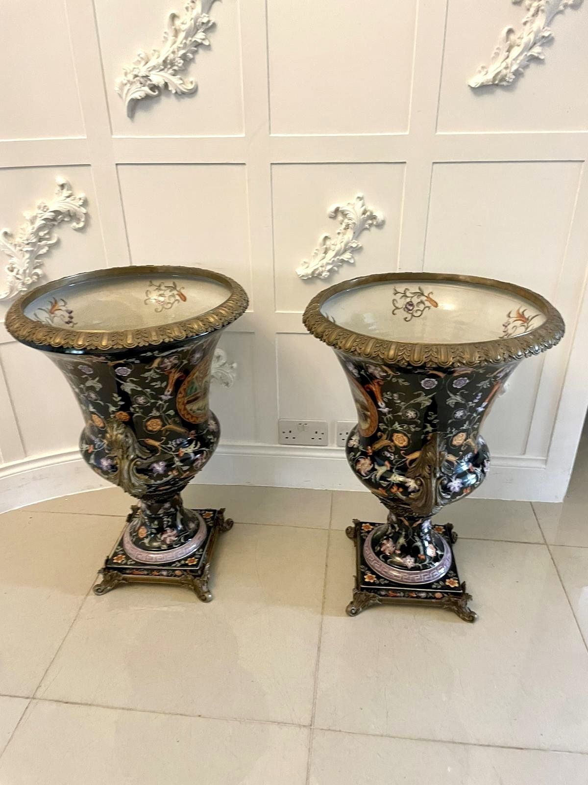 Large Pair Of Quality Antique 19th Century Porcelain And Ornate Brass Mounted Vases photo furniture