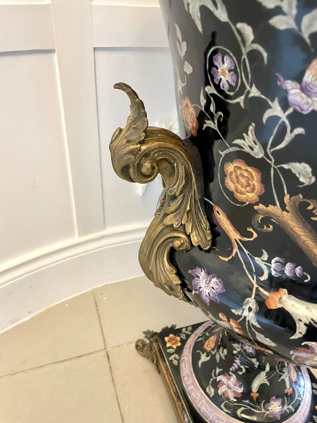 Large Pair Of Quality Antique 19th Century Porcelain And Ornate Brass Mounted Vases photo vintage