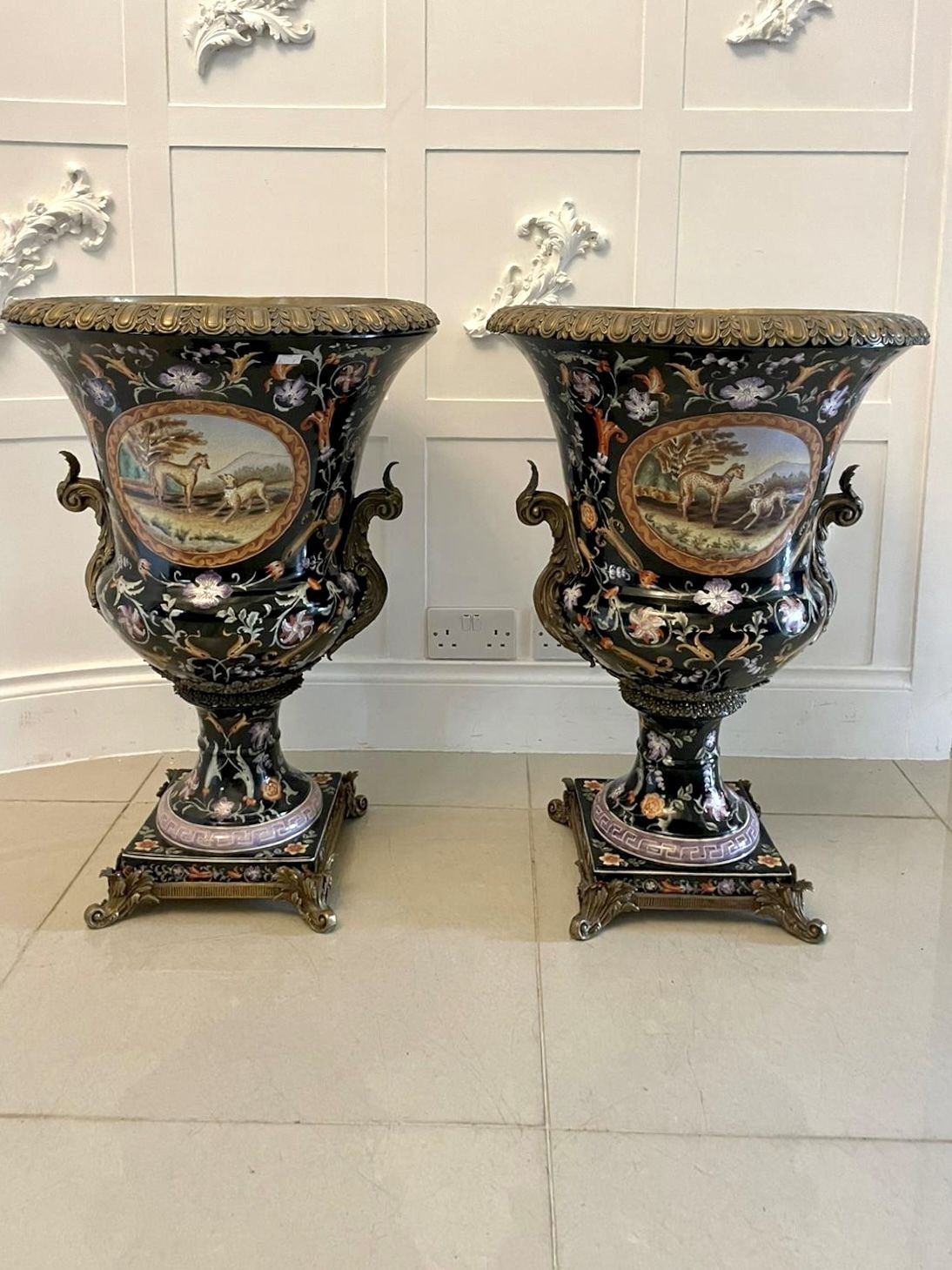 photo buy Large Pair Of Quality Antique 19th Century Porcelain And Ornate Brass Mounted Vases