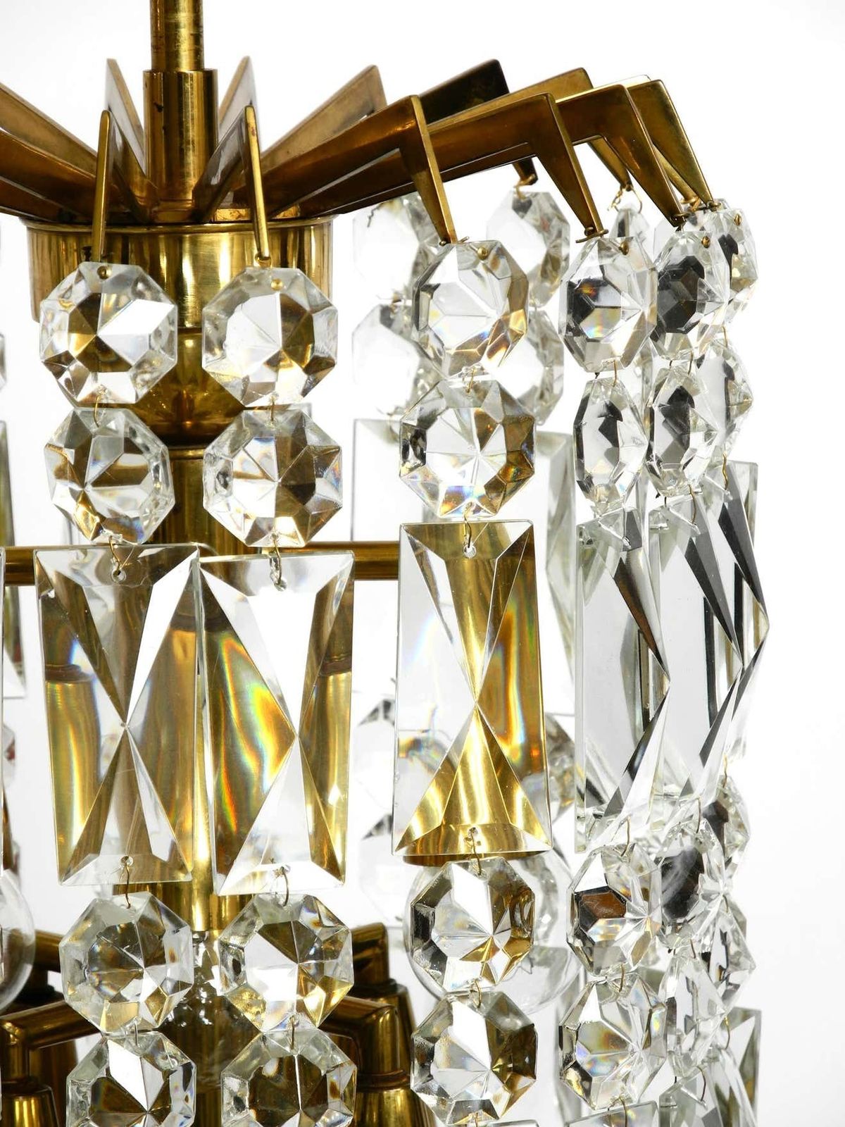 3589.0 Beautiful Mid Century Brass Crystal Glass Chandelier From Vereinigte Werkstätten photo