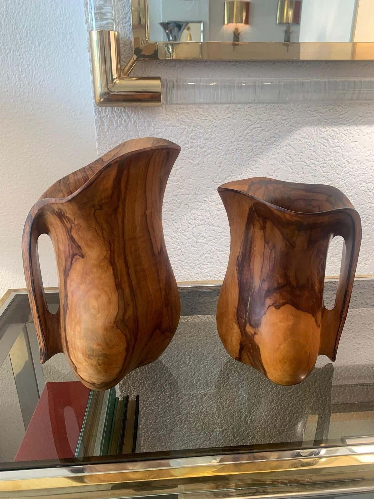 Set Of 2 Sculptural Carved Olivewood Jug, France Ca. 1950s photo for sale