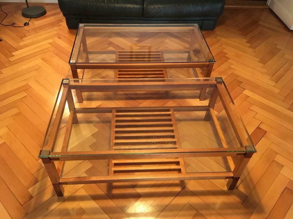 Pair Of Walnut, Brass And Glass Coffee Tables By Pierre Vandel, Paris, 1980s photo vintage
