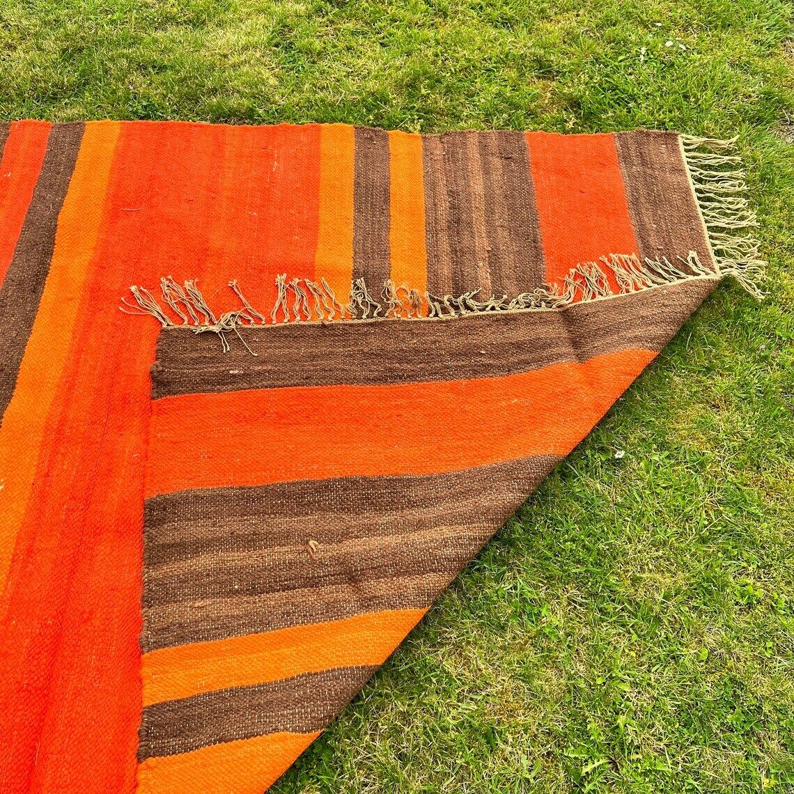 Xl Vintage Handmade Wool Rug   Mid Century Space Age Handwoven Orange Brown Area Rug photo vintage