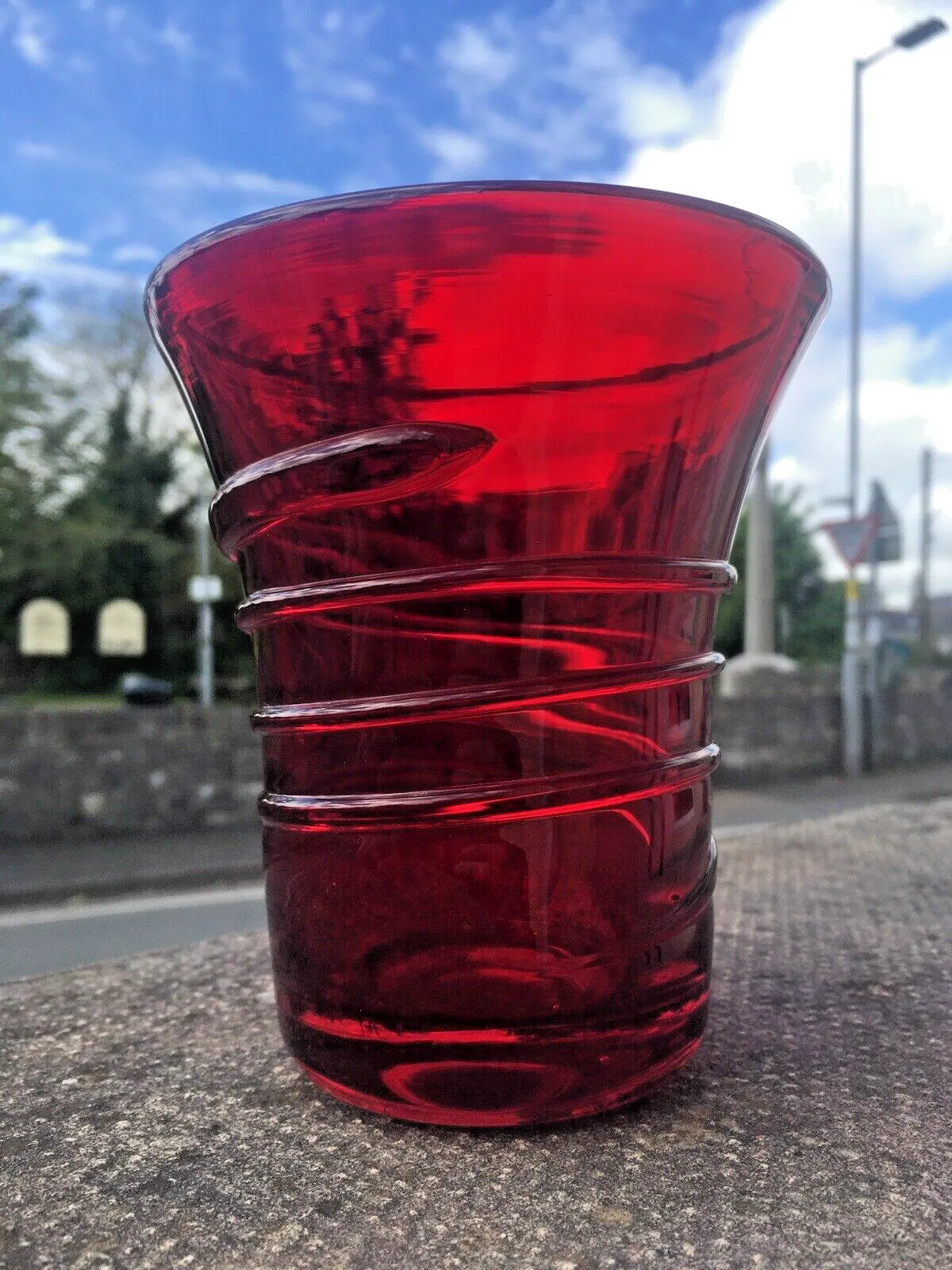 Mid Century 50's Ruby Red Whitefriars Ribbon Trail 8886 Art Glass Vase B. Powell