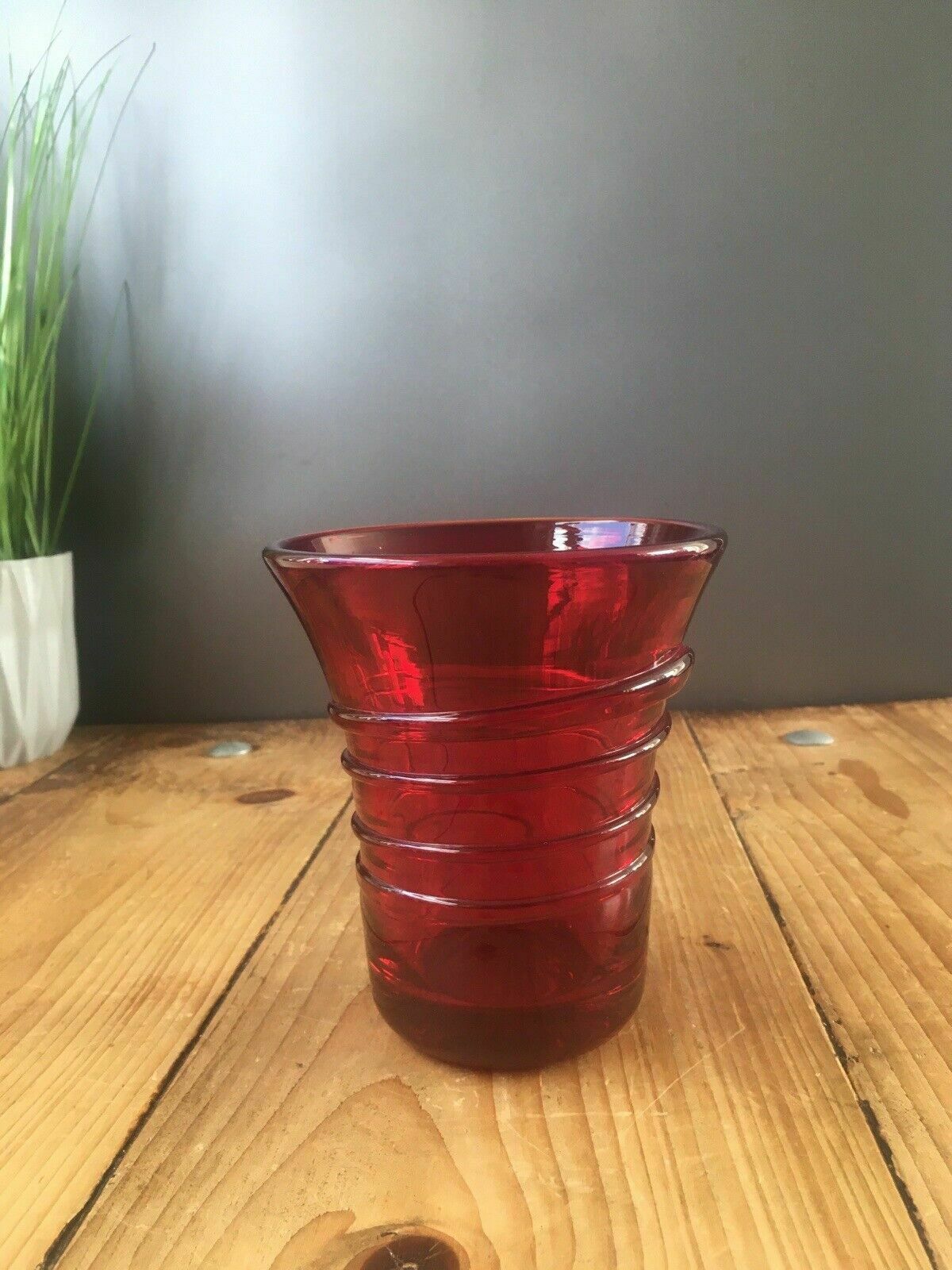 Mid Century 50's Ruby Red Whitefriars Ribbon Trail 8886 Art Glass Vase B. Powell photo for sale