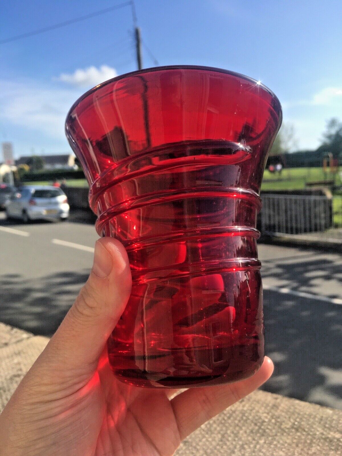 photo for sale Mid Century 50's Ruby Red Whitefriars Ribbon Trail 8886 Art Glass Vase B. Powell