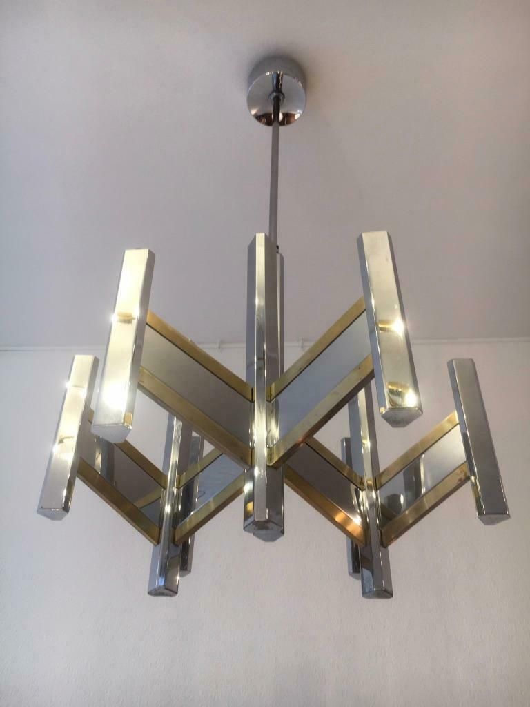 2 Chrome And Brass Chandelier By Gaetano Sciolari, Italy, Circa 1970 photo furniture