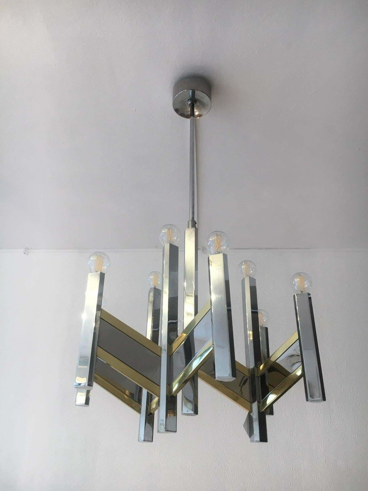 2 Chrome And Brass Chandelier By Gaetano Sciolari, Italy, Circa 1970 photo 1471.0