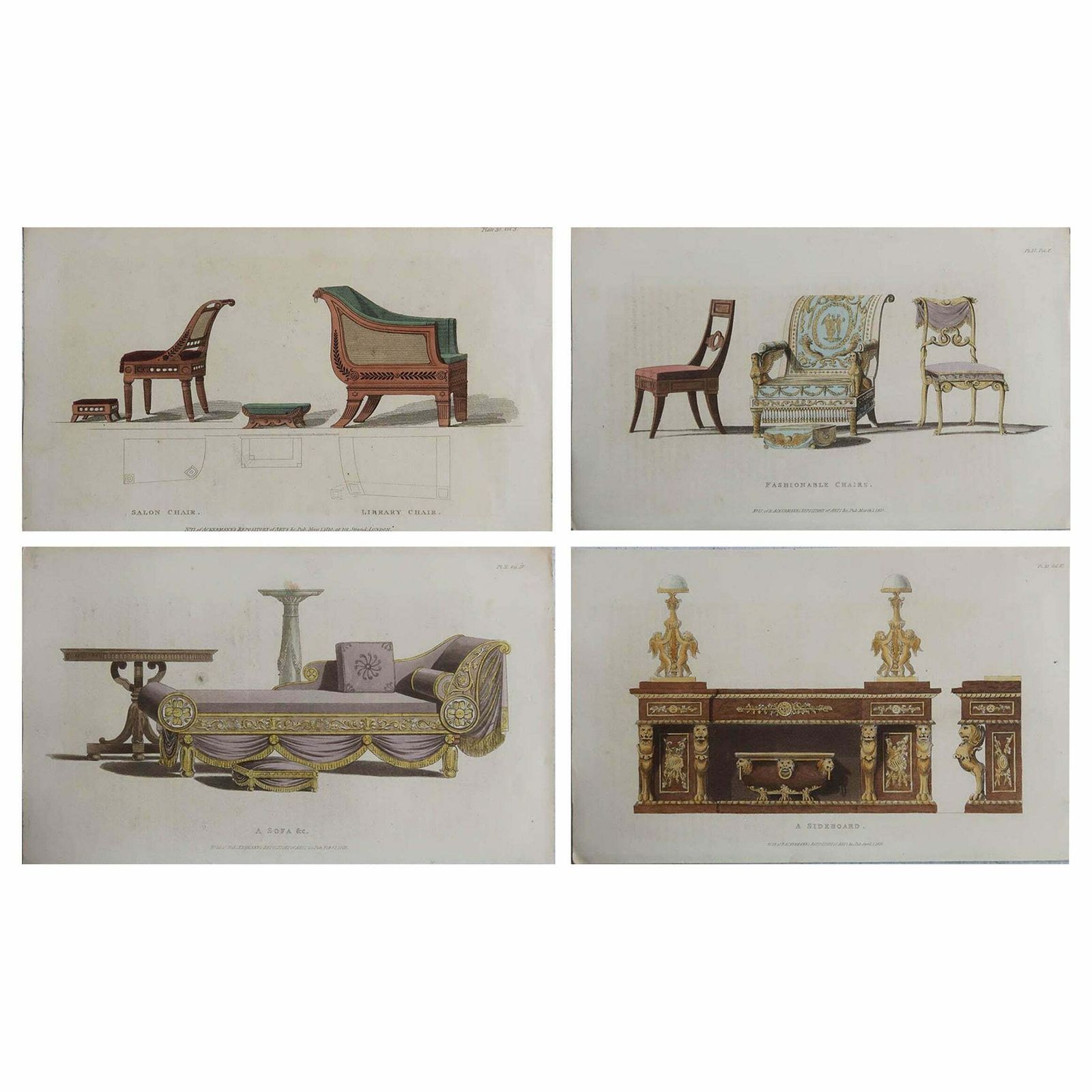 Set Of 4 Original Antique Prints Of Regency Furniture, Dated 1825