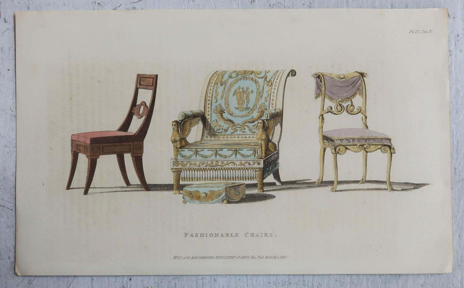 Set Of 4 Original Antique Prints Of Regency Furniture, Dated 1825 photo Art