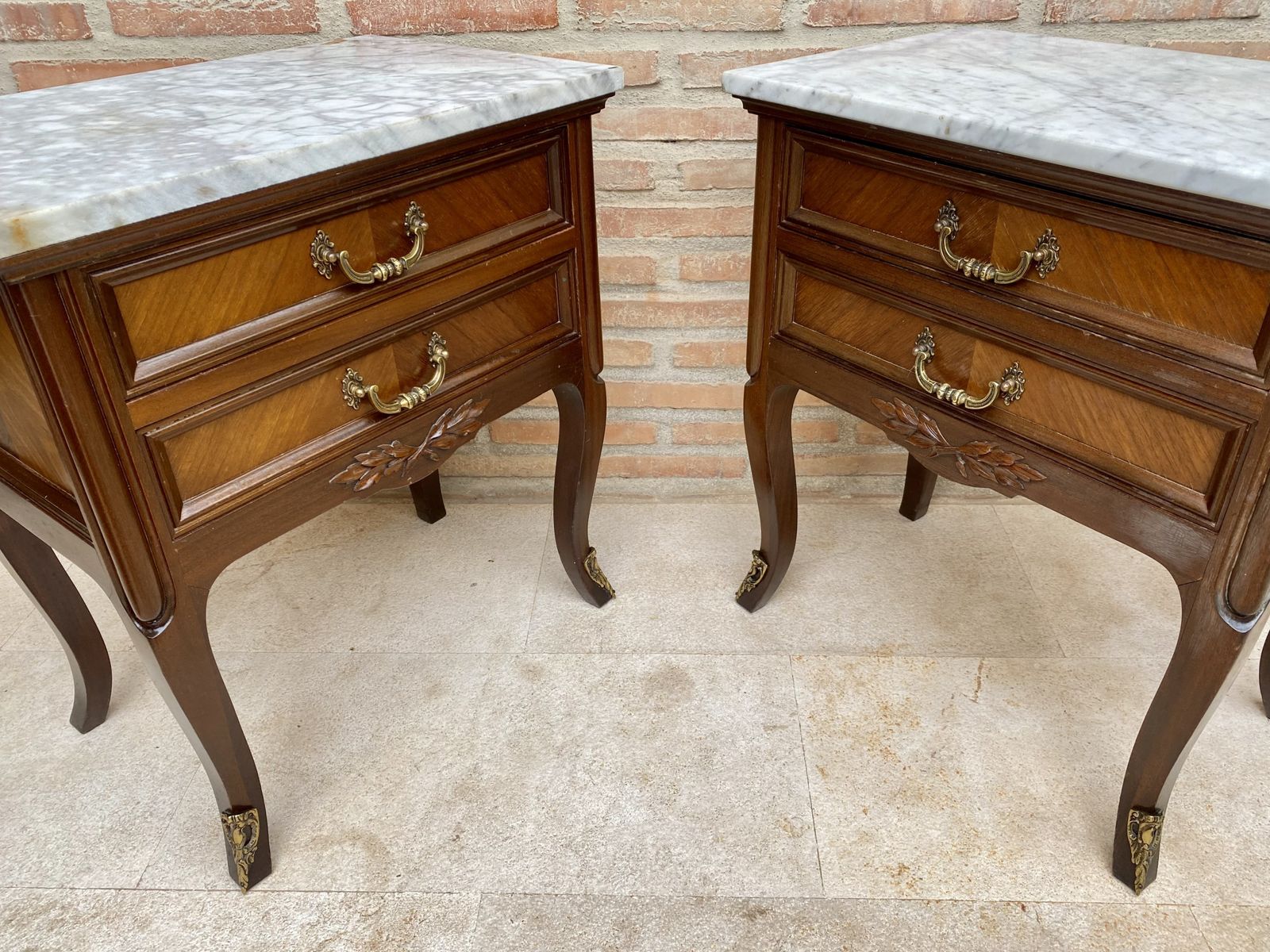 Mid 20th Century Pair Of Walnut Nightstands With Two Drawers And Marble Top photo vinterior