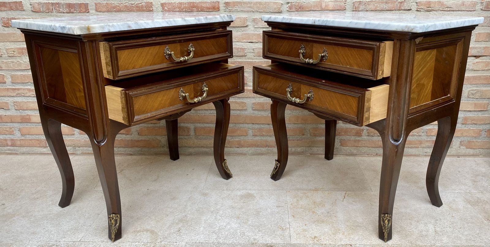 Mid 20th Century Pair Of Walnut Nightstands With Two Drawers And Marble Top photo vintage