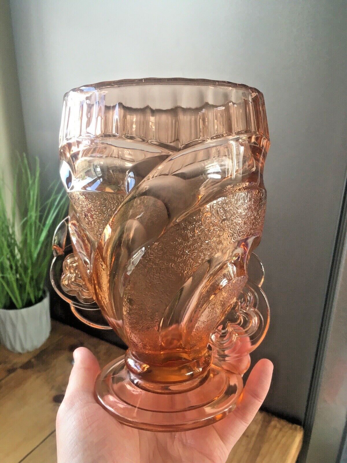 50.0 Beautiful Pink Art Deco Sowerby Depression Glass Flower Handles Posy Vase 30's photo