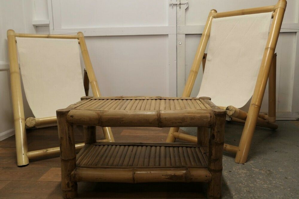 A Pair Of Giant Bamboo Deck Chair Set With Coffee Table photo furniture