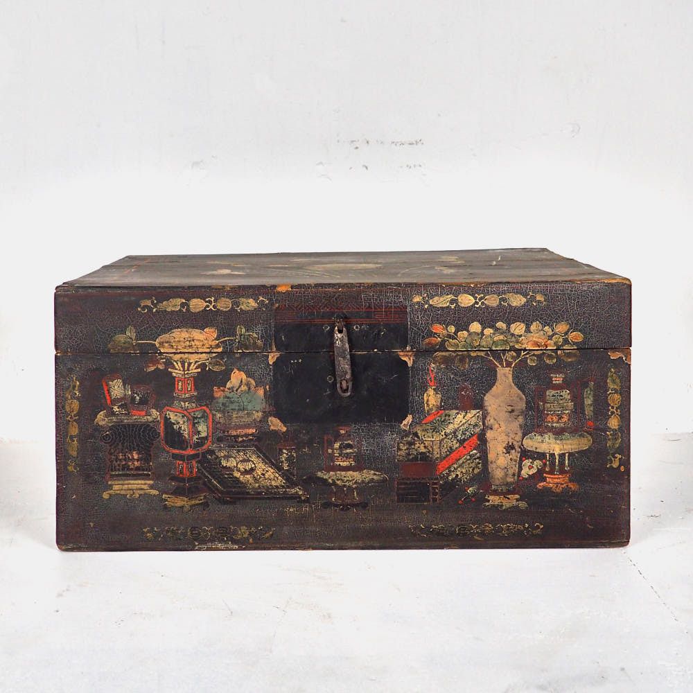 Antique Wooden Chest With Porcelain Vase Illustrations (China, C.1900) #2 photo furniture