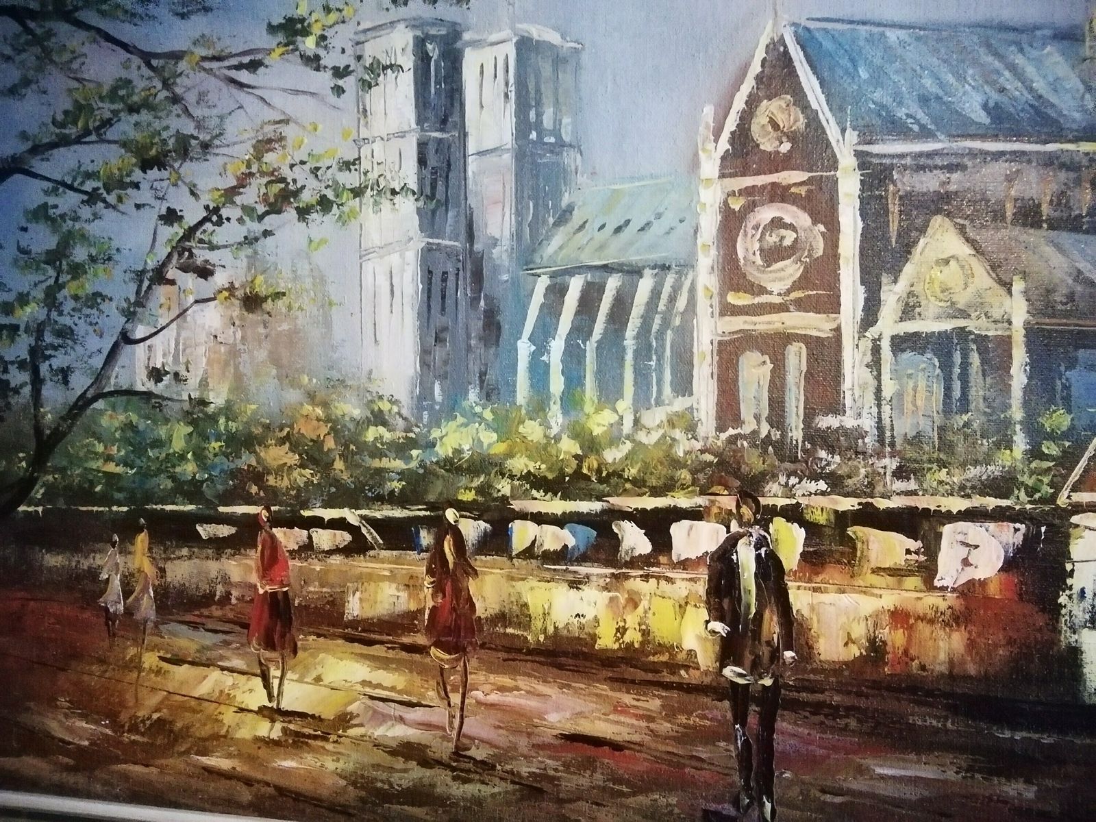 Midcentury Original Impressionist Framed Signed Oil On Board Notre Dame Paris Street Scene photo for sale
