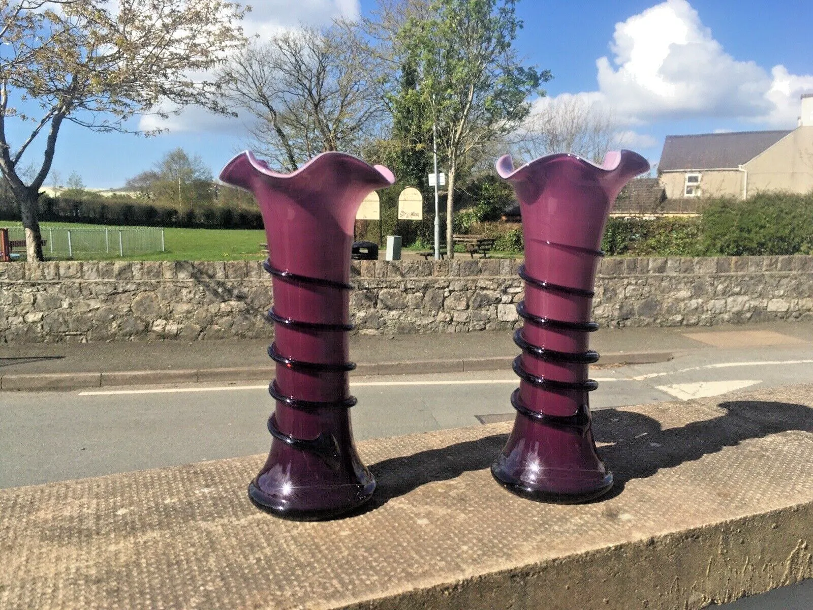 Pair Of Purple Tango Glass Trailed Bud Vases Czechoslovakia Loetz Kralik Welz