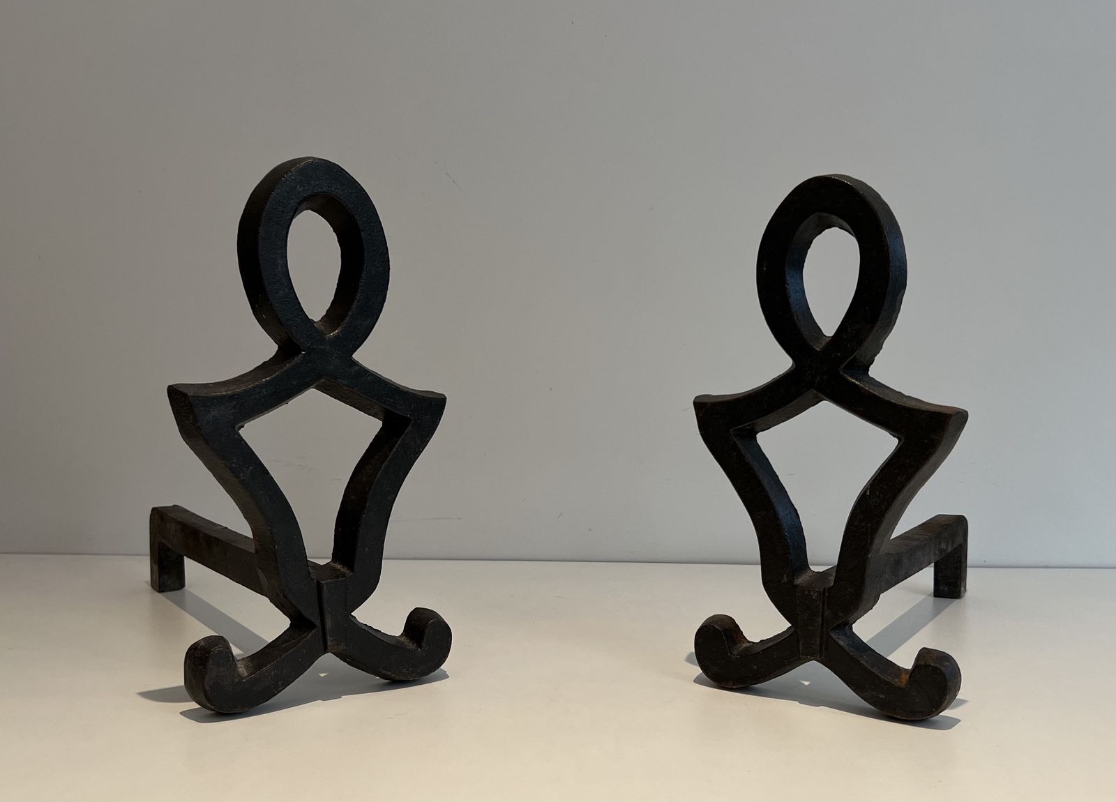 Pair Of Modernized Cast Iron And Wrought Iron Andirons By Raymond Subes