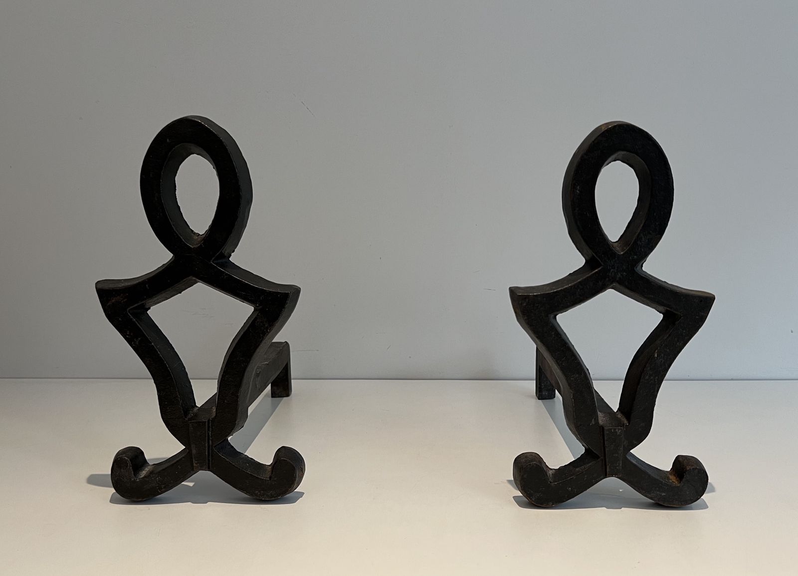 Pair Of Modernized Cast Iron And Wrought Iron Andirons By Raymond Subes photo furniture