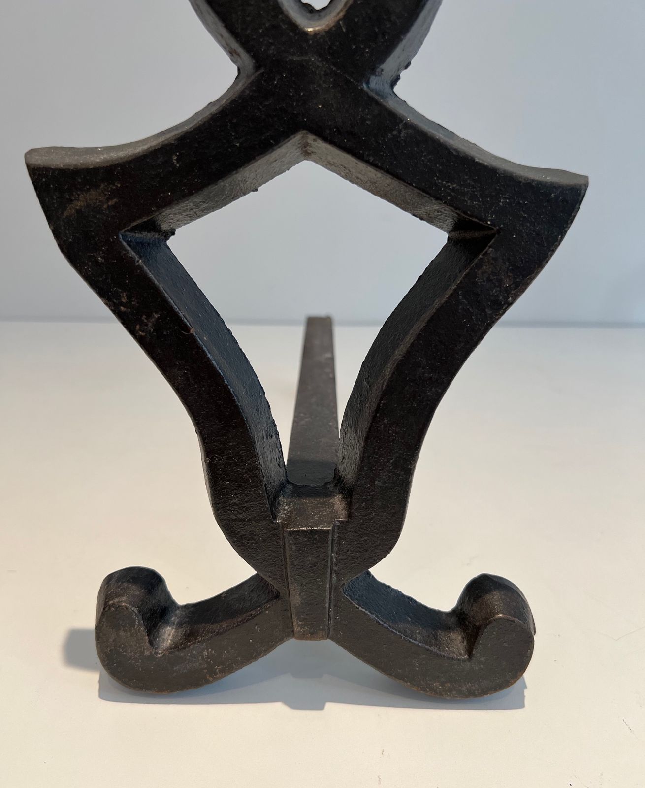 Pair Of Modernized Cast Iron And Wrought Iron Andirons By Raymond Subes photo vintage