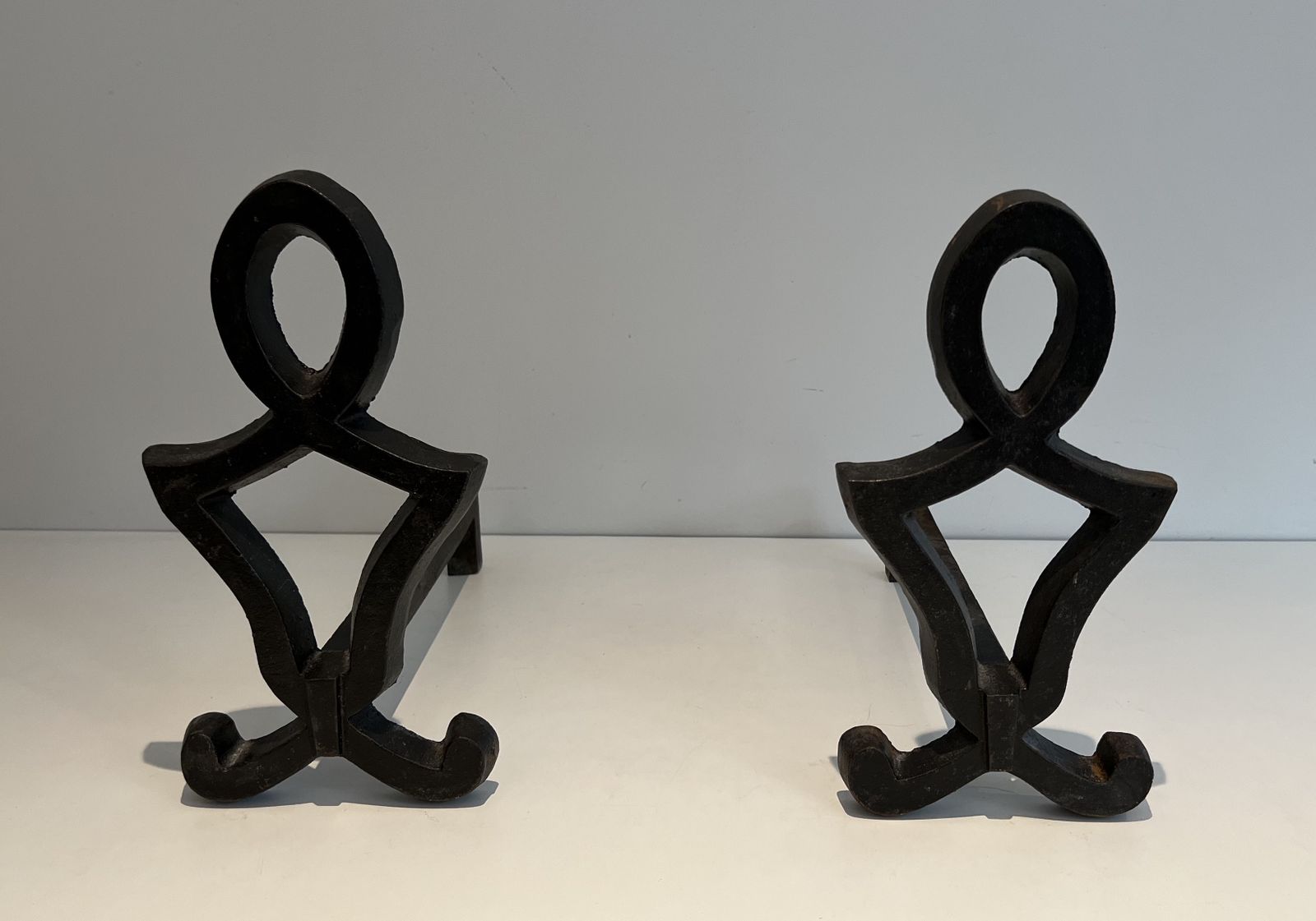 photo vintage Pair Of Modernized Cast Iron And Wrought Iron Andirons By Raymond Subes