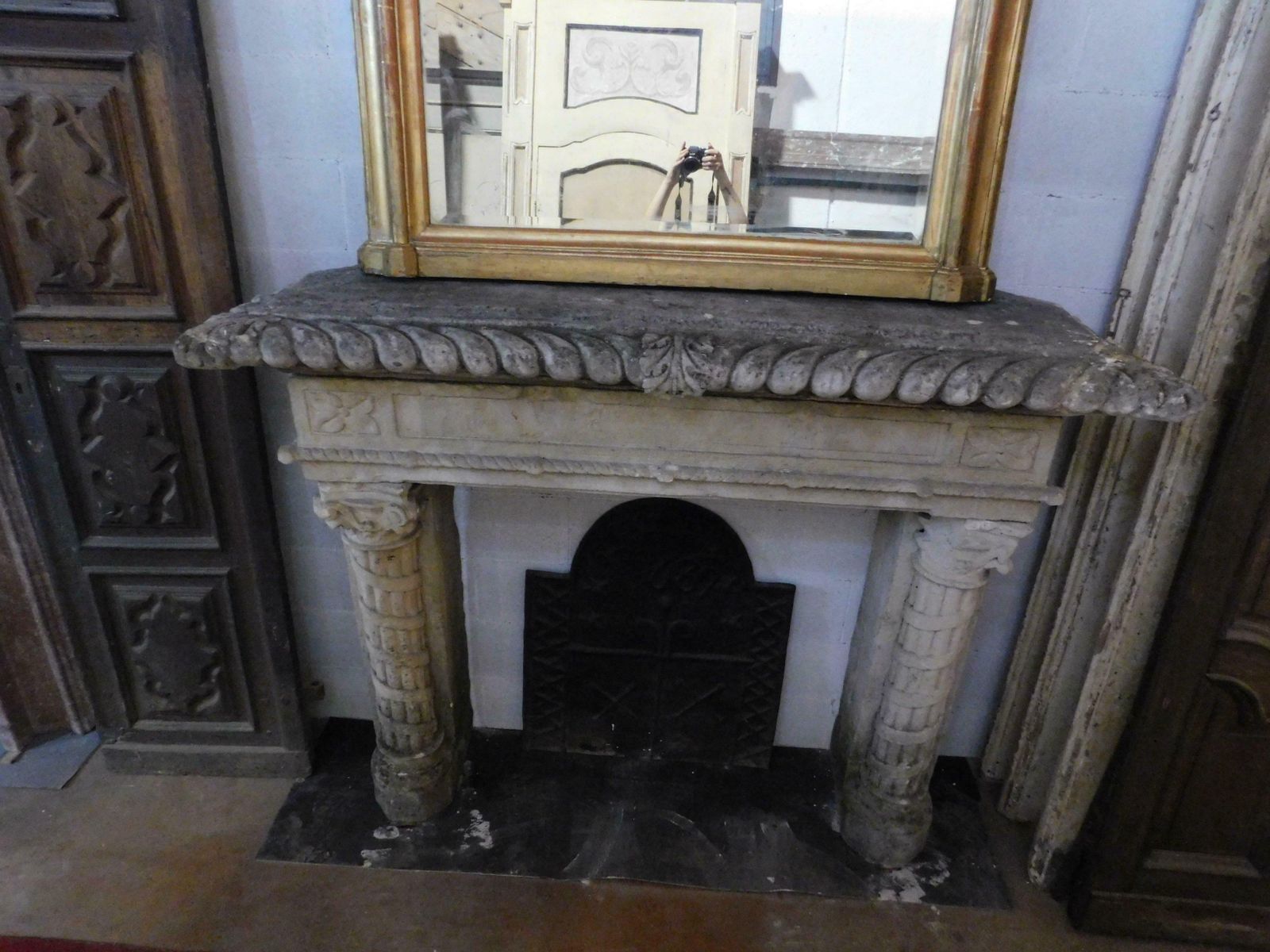 Important Antique Fireplace Mantle In Stone, Hand Carved Columns, '800 Italy photo vintage
