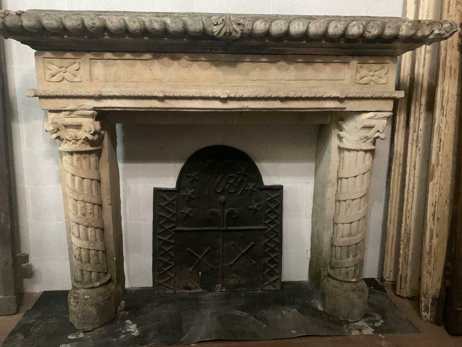 photo for sale Important Antique Fireplace Mantle In Stone, Hand Carved Columns, '800 Italy