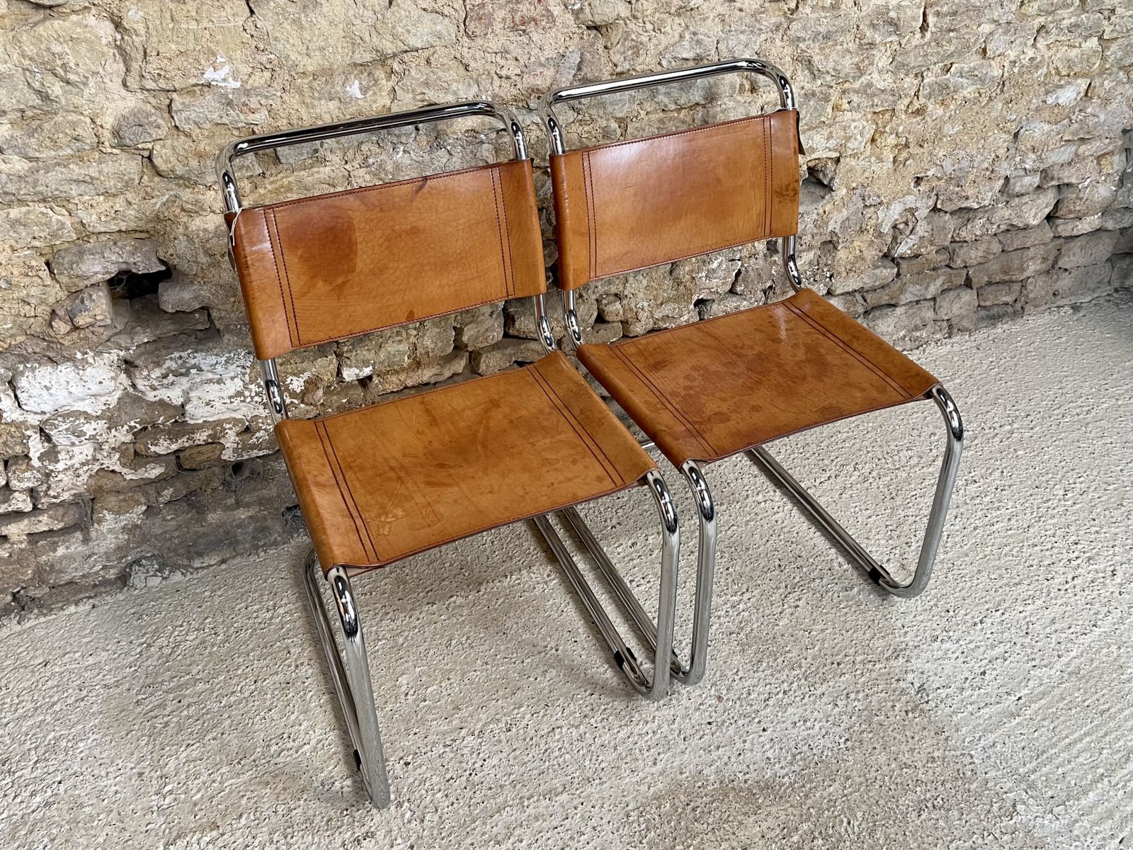 Pair Dining Or Desk Chairs  Mart Stam Marcel Breuer S33 Set Of Two 2 Fasem Chrome Tan Cognac Brown Leather Cantilever Bauhaus photo for sale