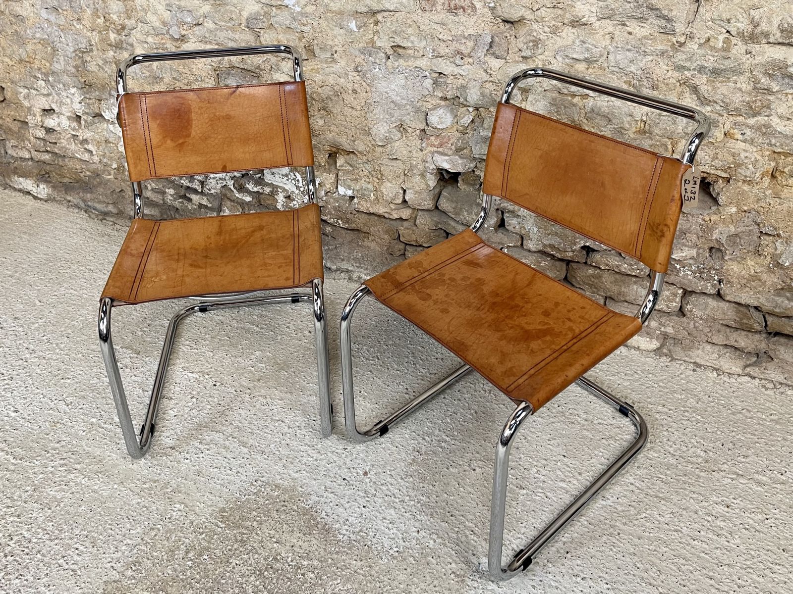 photo vinterior Pair Dining Or Desk Chairs  Mart Stam Marcel Breuer S33 Set Of Two 2 Fasem Chrome Tan Cognac Brown Leather Cantilever Bauhaus
